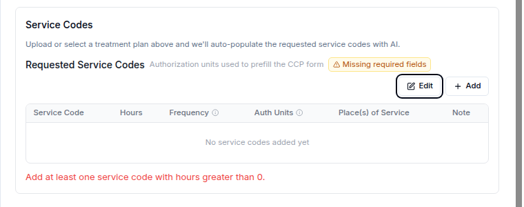 Service codes still to fill in