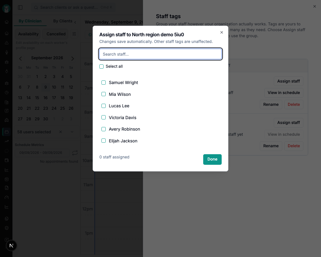 Scroll or search the staff assignment list