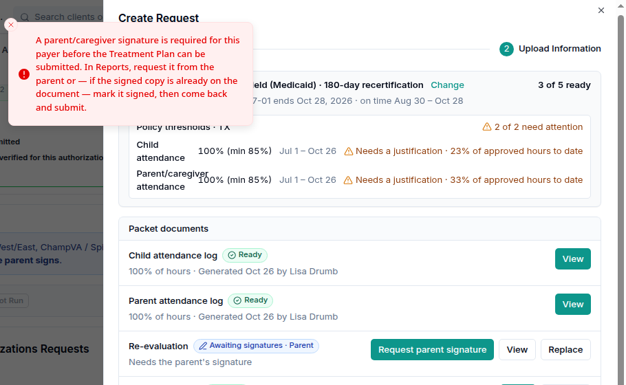 Submit is stopped until the parent signs