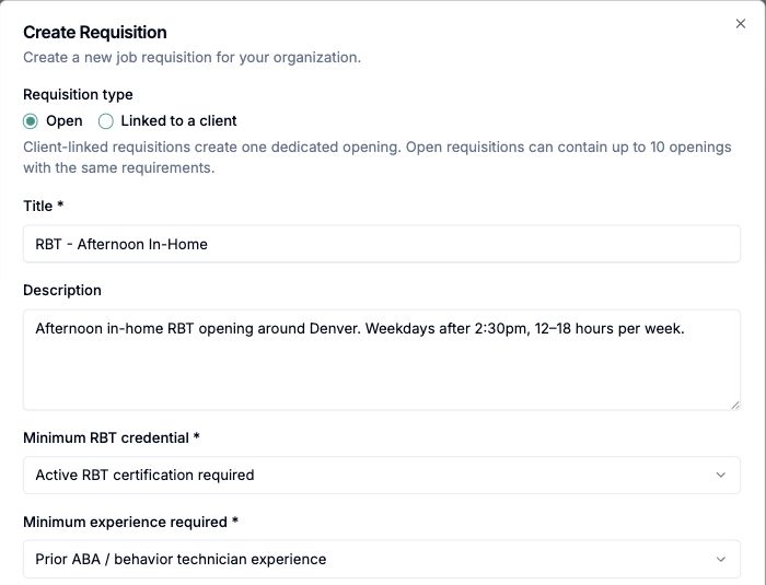 Create Requisition form showing the opening type, title, description, and credential requirements