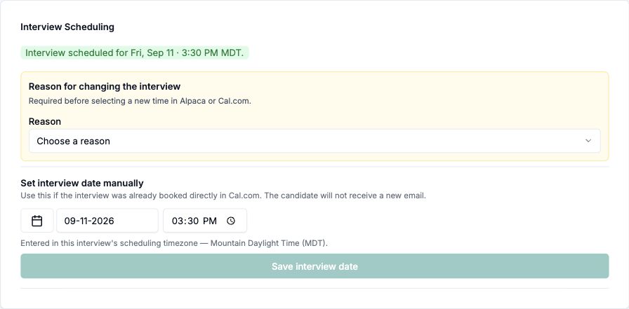 Interview scheduling panel showing the reschedule reason, manual date entry, and Mountain Daylight Time