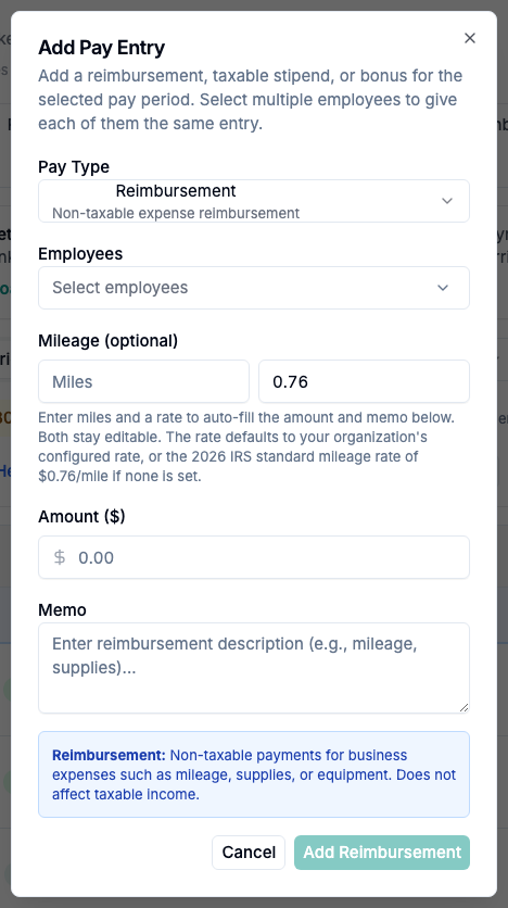 The Add Pay Entry dialog, with the mileage calculator.