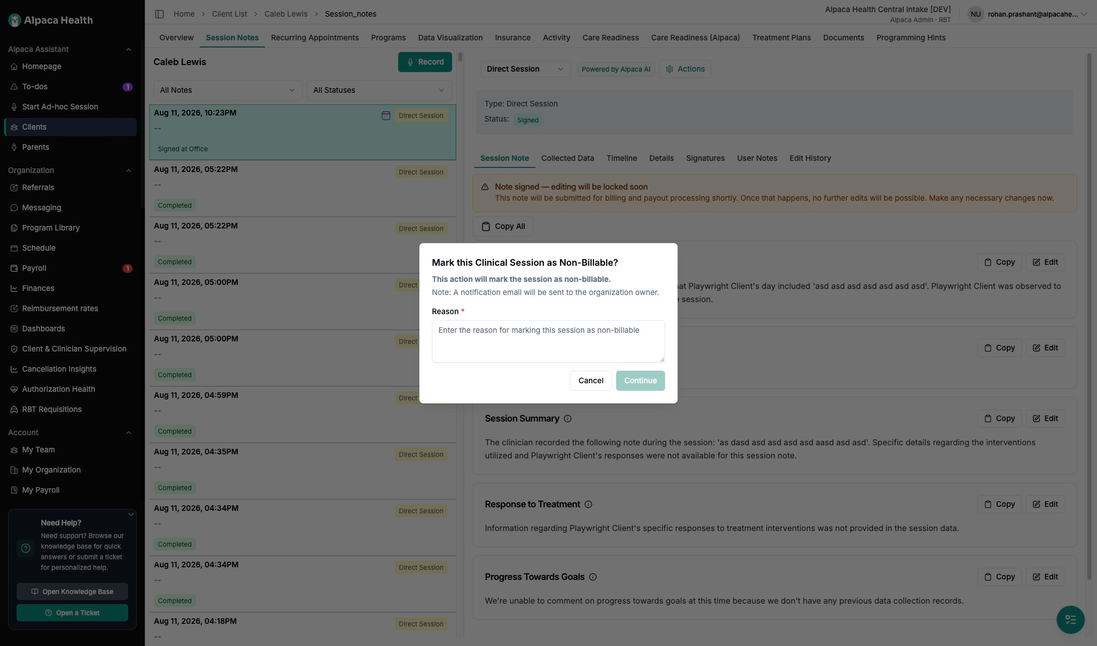 Non-billable confirmation dialog with the required Reason field