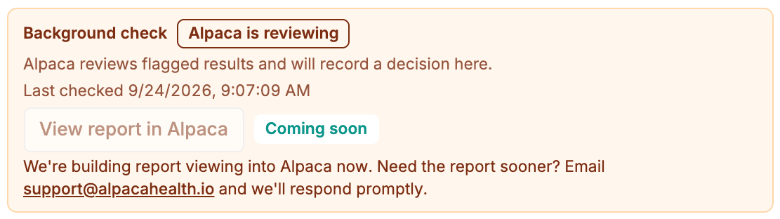 Background check panel showing Alpaca is reviewing Background check panel showing Alpaca is reviewing