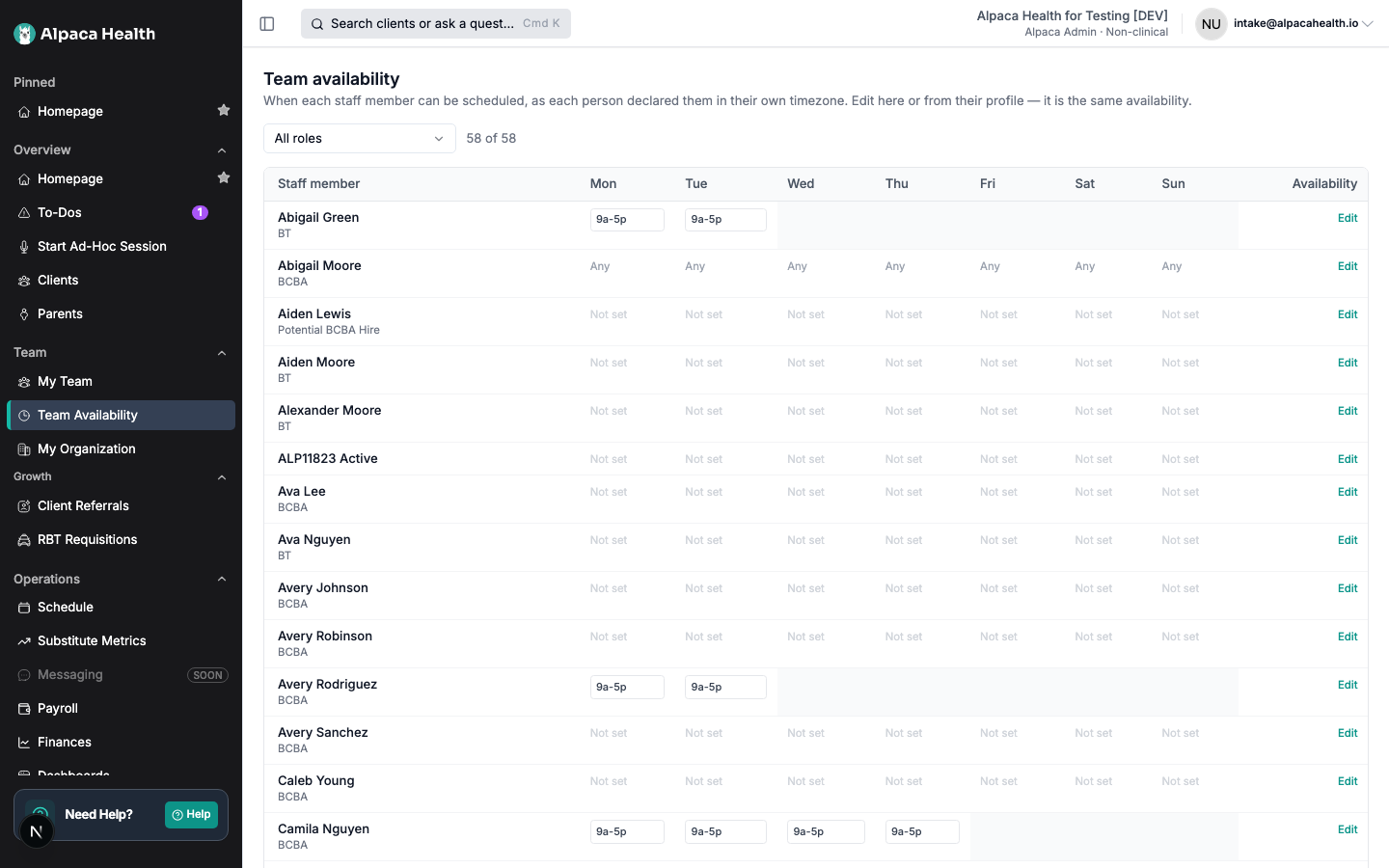 Team Availability showing individual working hours with All roles selected