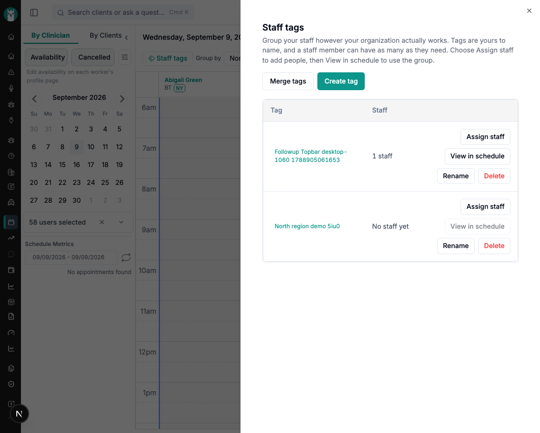 Staff tags manager with Create tag and Assign staff actions