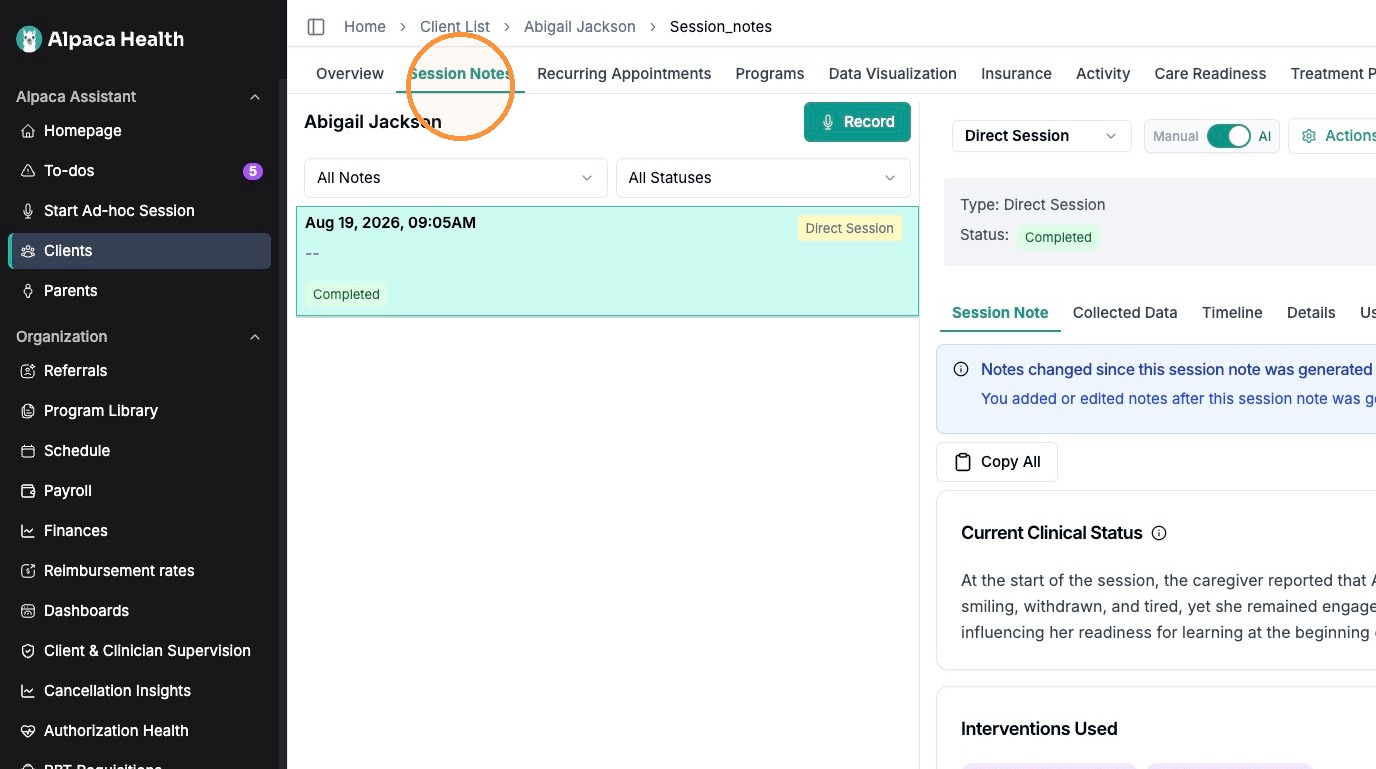 Open the client's session notes