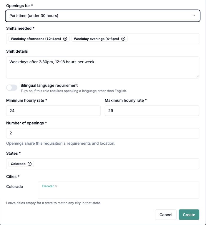 Requisition schedule, hourly pay range, number of openings, and hiring location