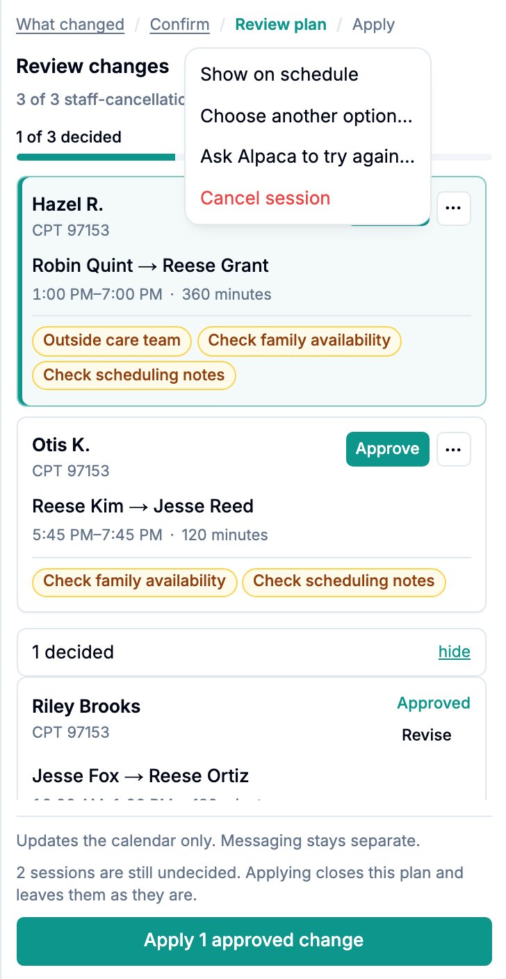 Review changes panel with the more-options menu open