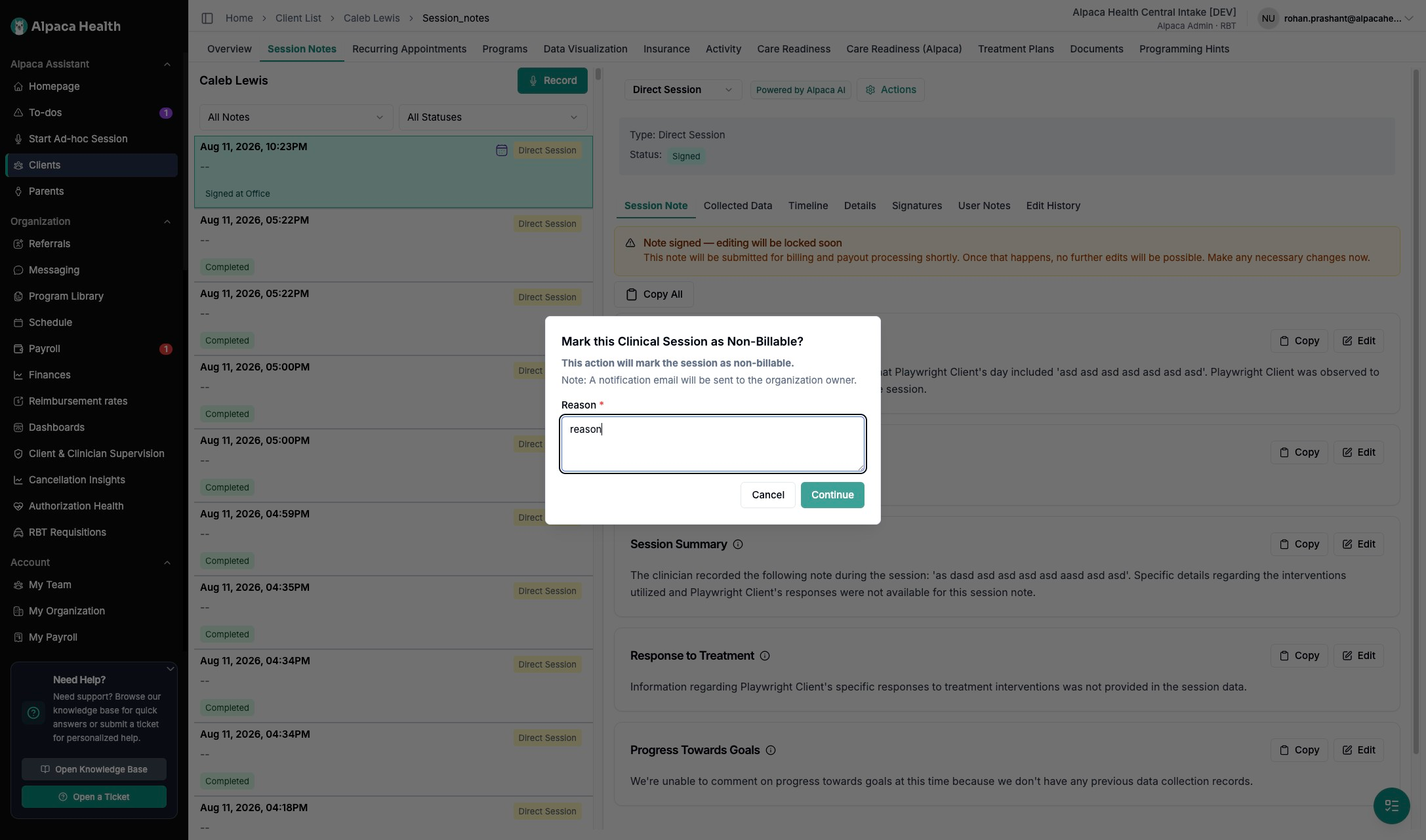 Reason filled in and the Continue button highlighted