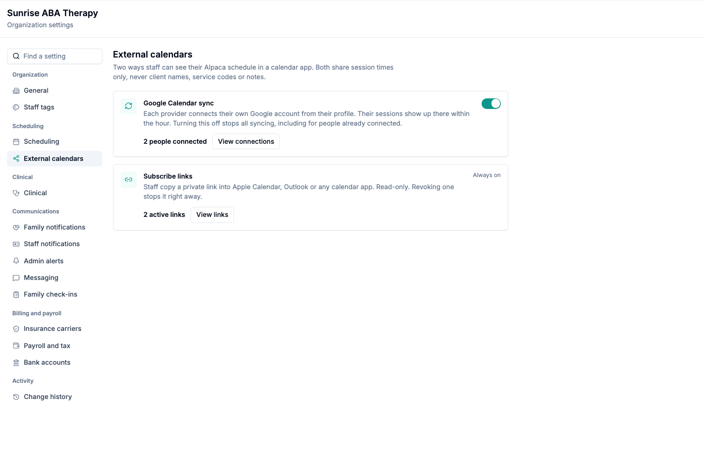 The External calendars section