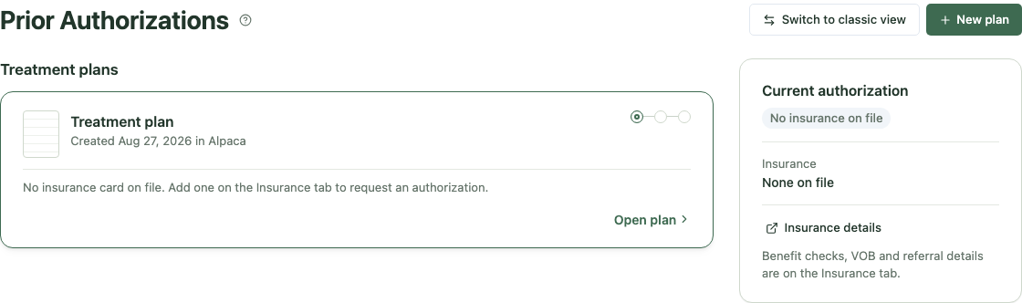 The new Prior Authorizations view with a treatment-plan card, view switch and current authorization panel.