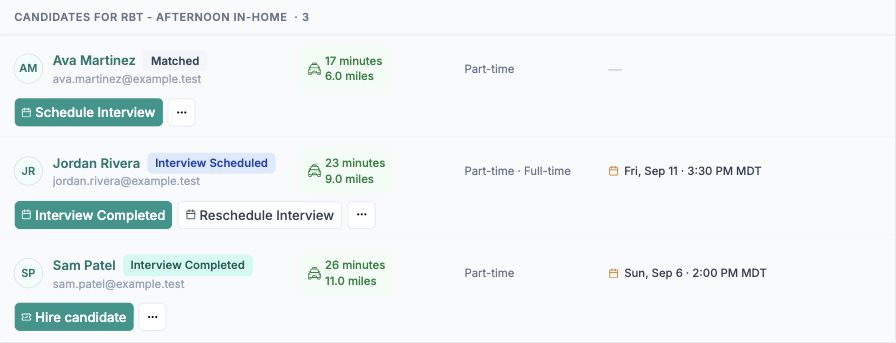 Candidates assigned to a clinic opening, with interview statuses and scheduling actions