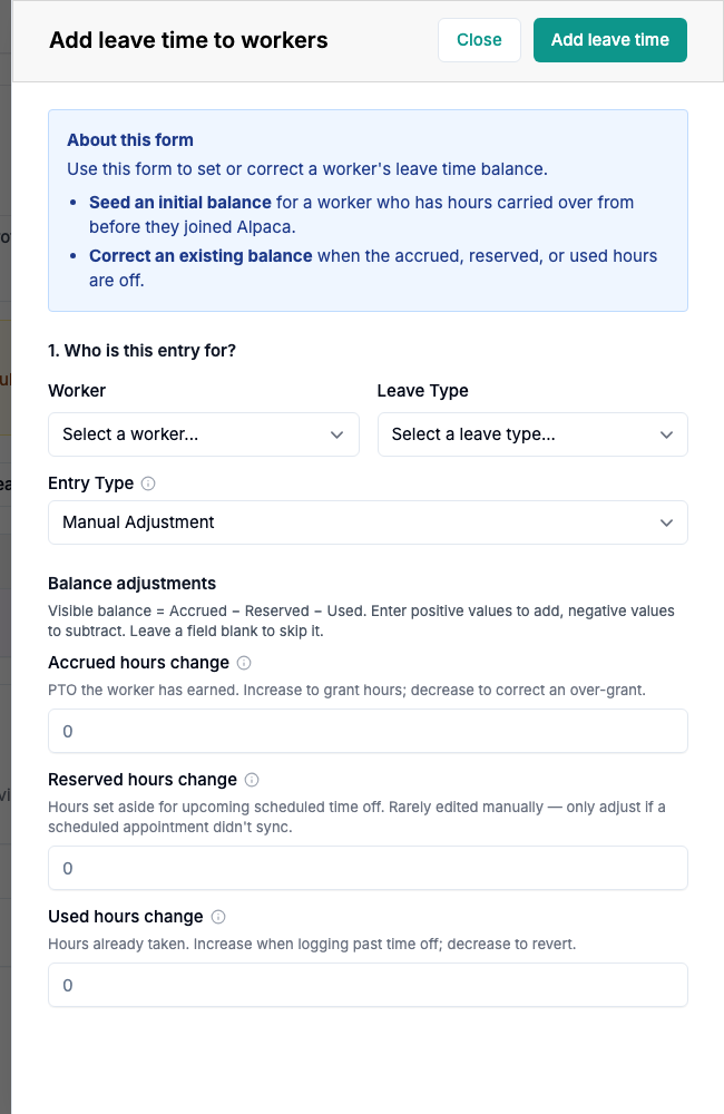 The Add leave time to workers form.