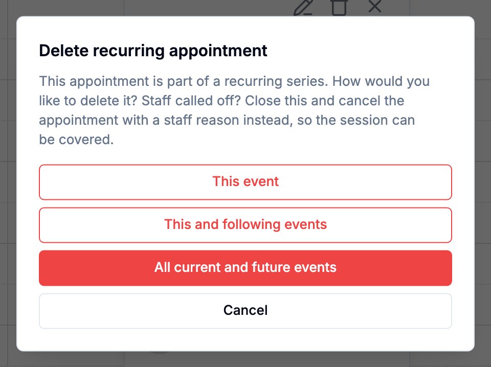 Delete confirmation reminding you to cancel a staff call-off instead