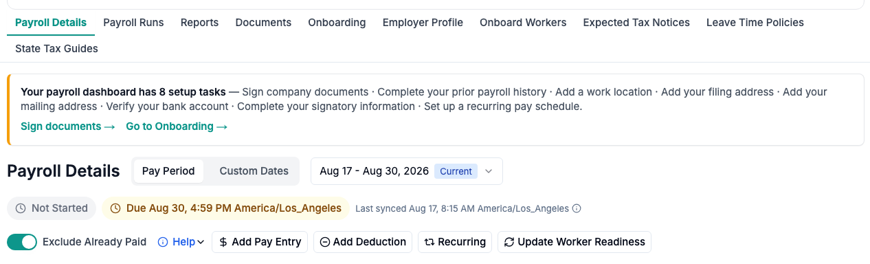 The pay period selector, run status, and the deadline for the selected period.