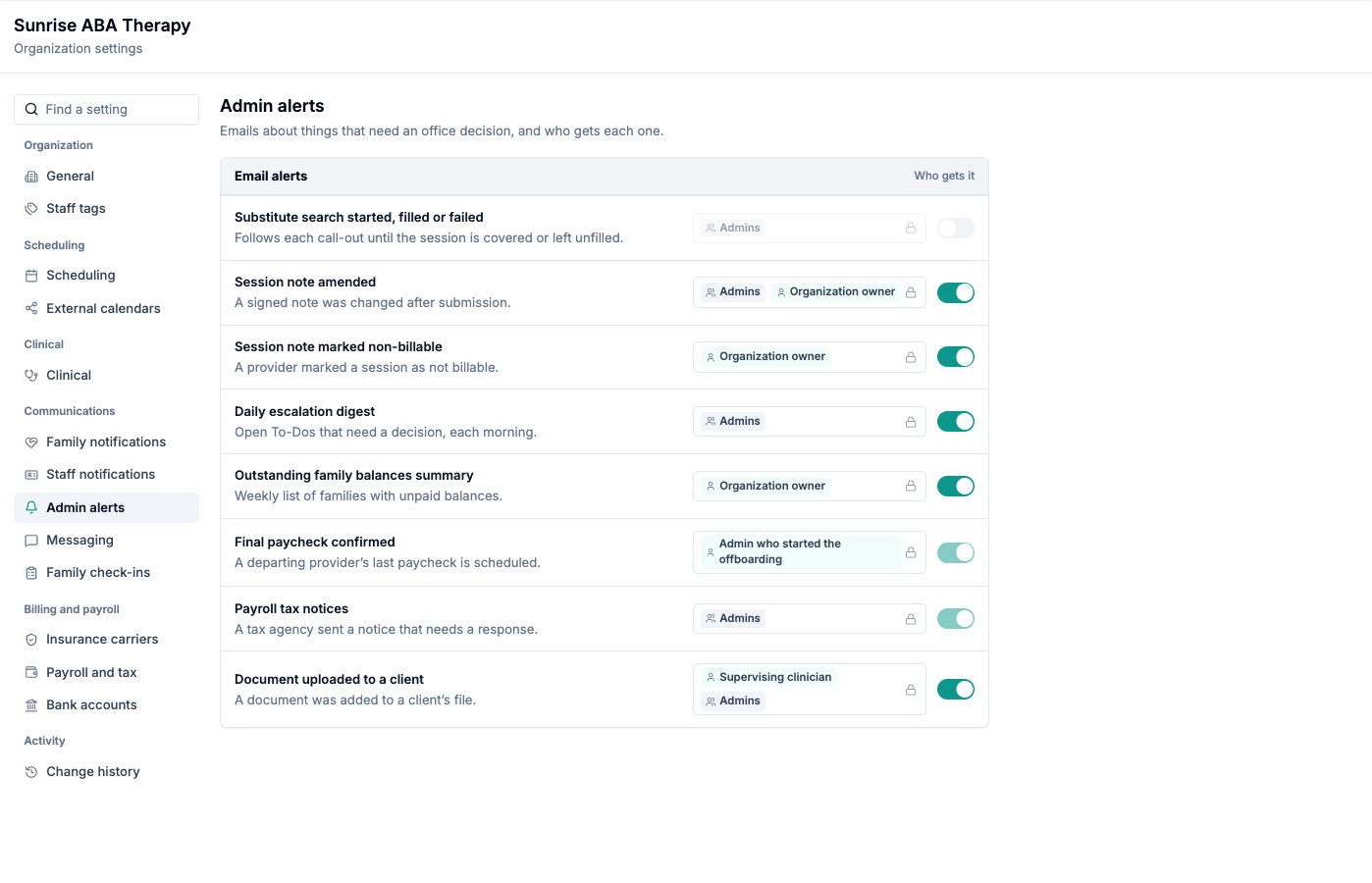 The Admin alerts section