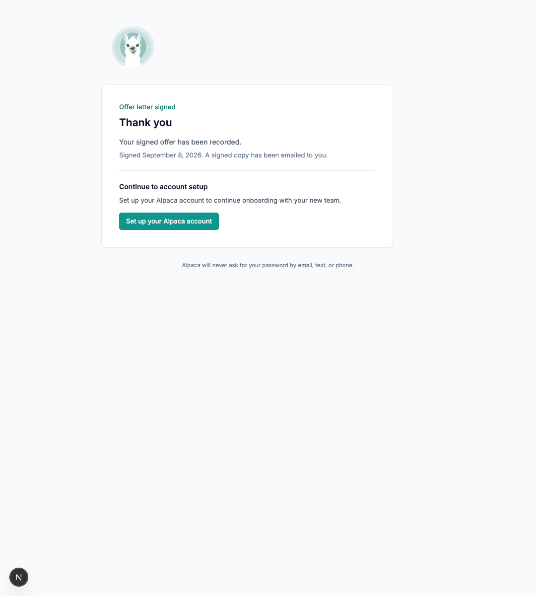 Signed offer confirmation with the Set up your Alpaca account button