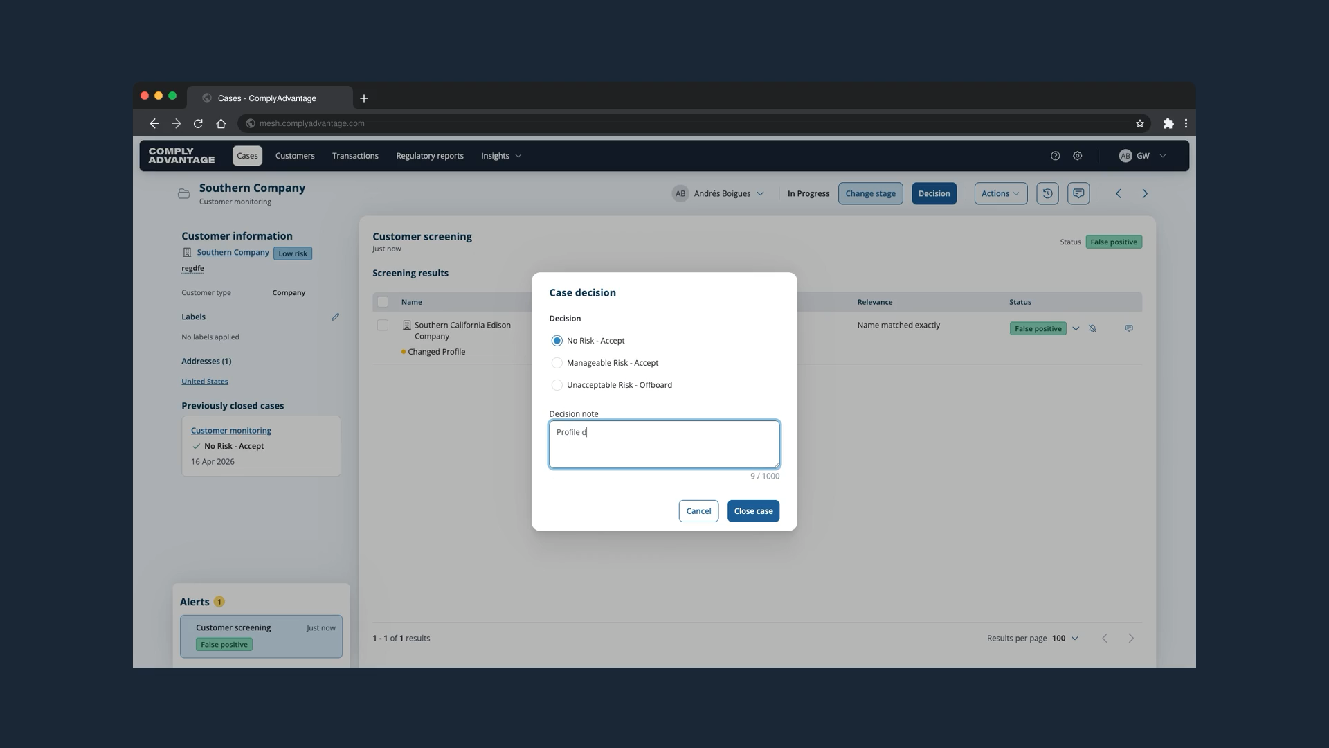 The Case decision dialog with a decision note being typed