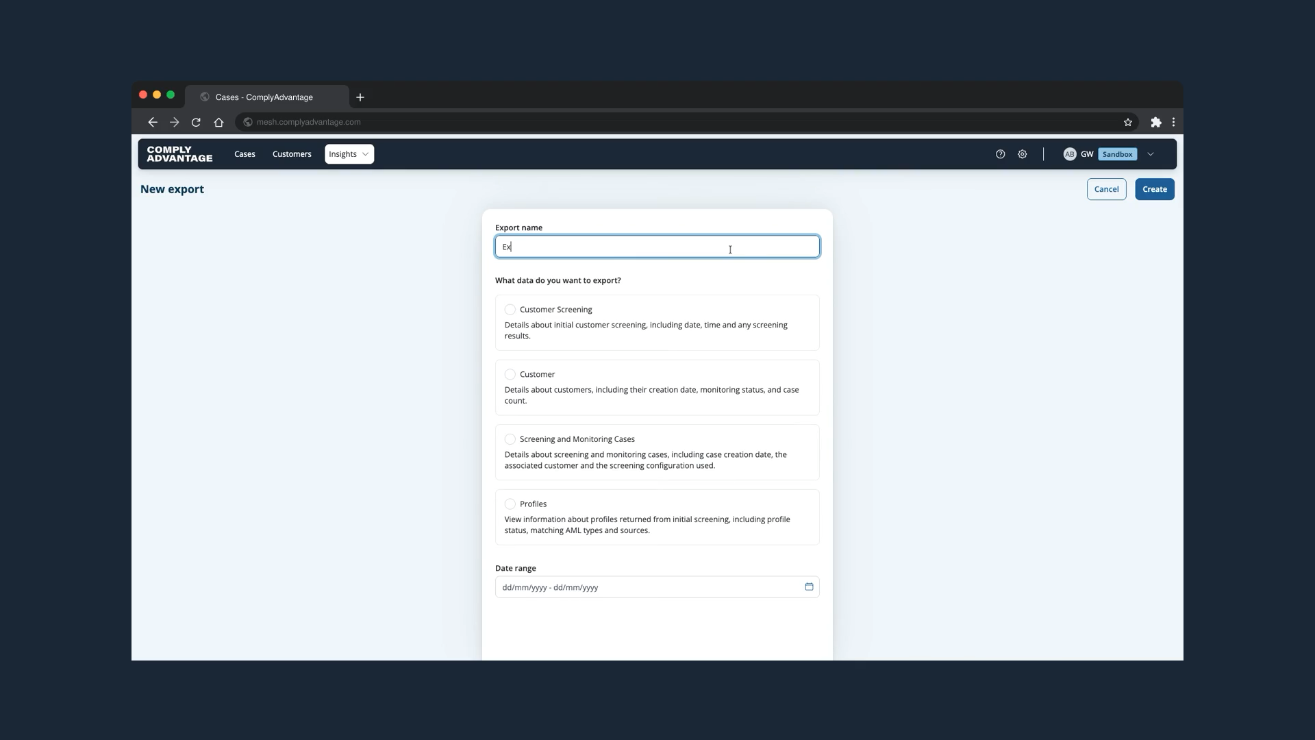 The New export form with the export name field filled in