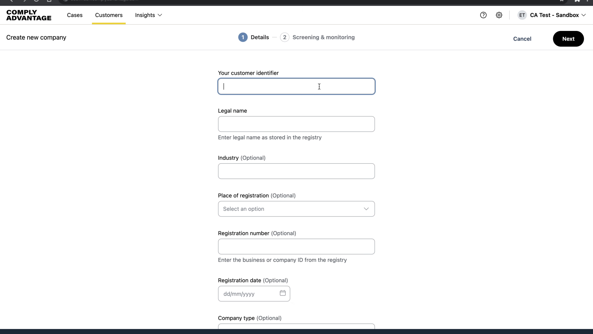 Fill in the Customer Identifier