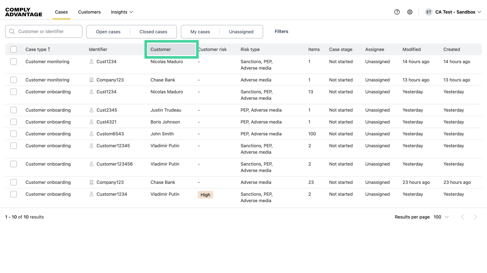 Filter for 'Customer'
