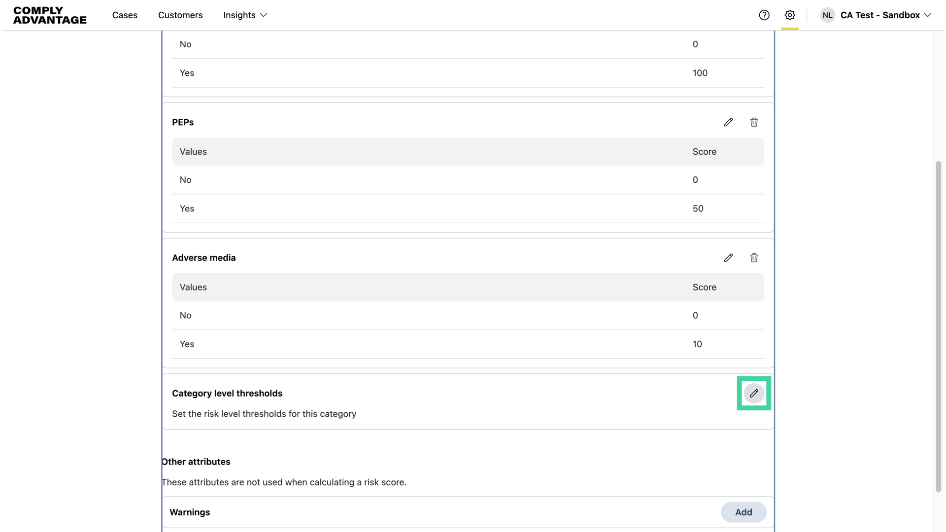 Select 'Category level thresholds'