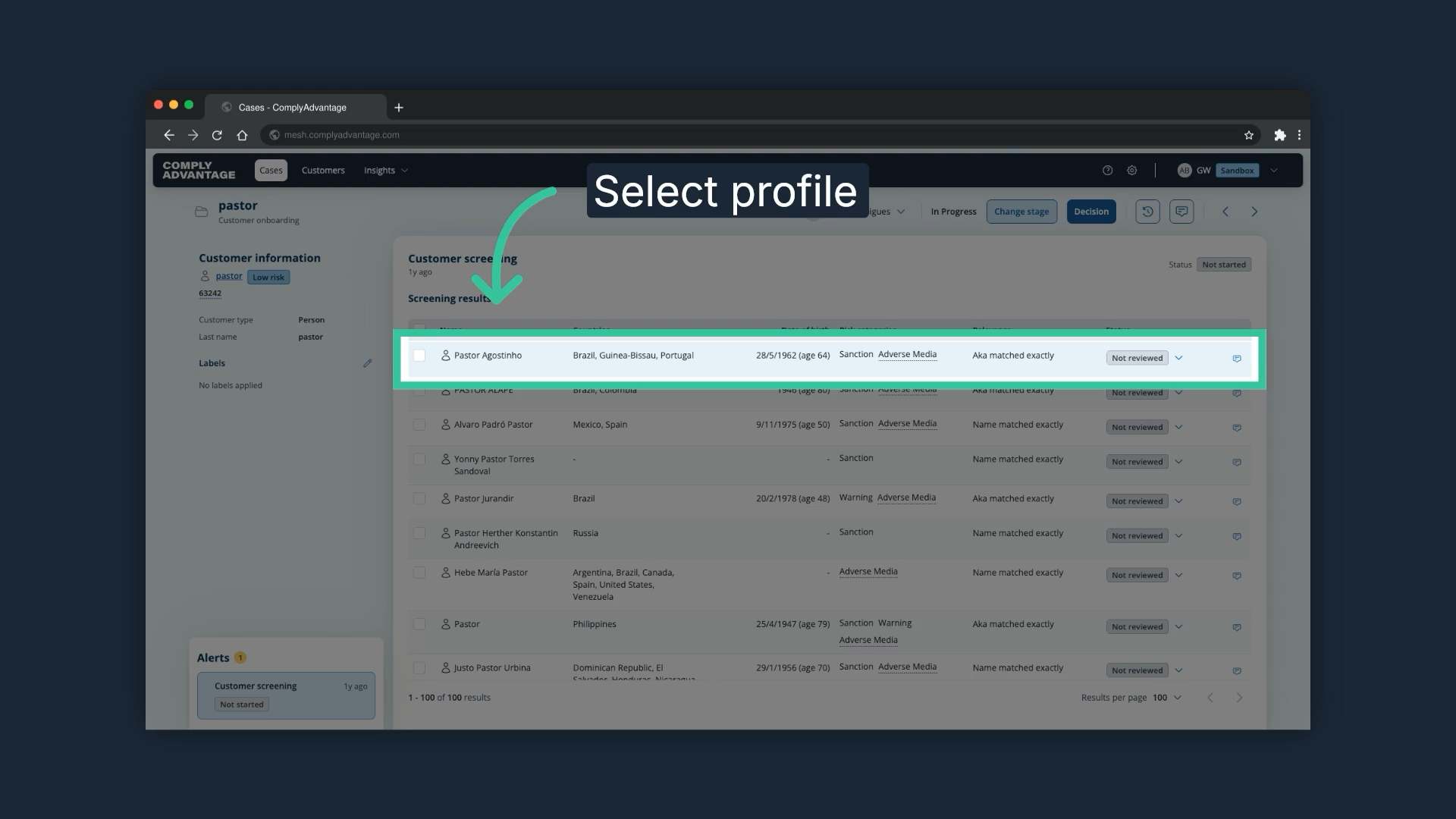The first row of the Screening results table highlighted, ready to be clicked