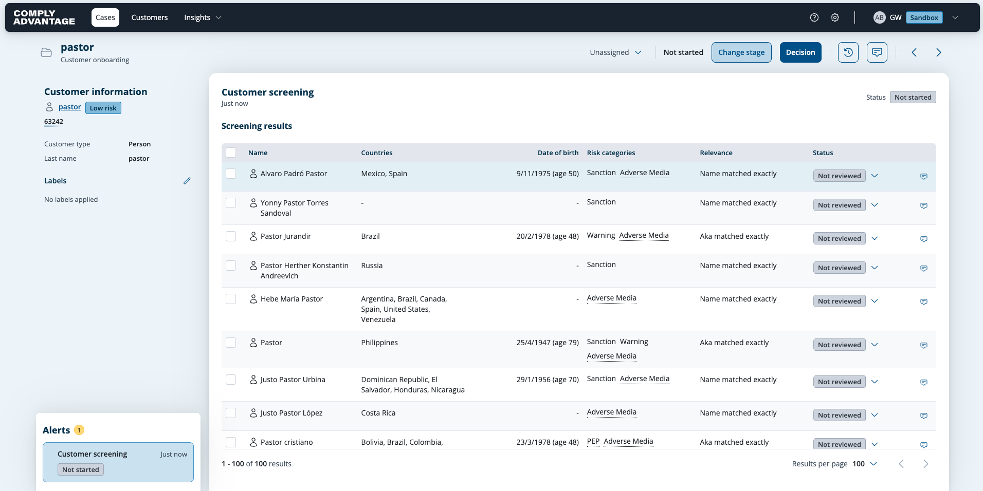 An onboarding case in Mesh, with the customer information on the left and the Screening results table listing the matched profiles