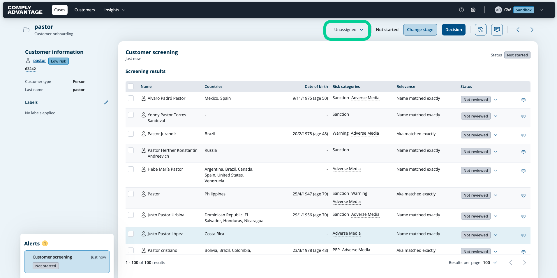 The case banner in Mesh with the Unassigned control highlighted