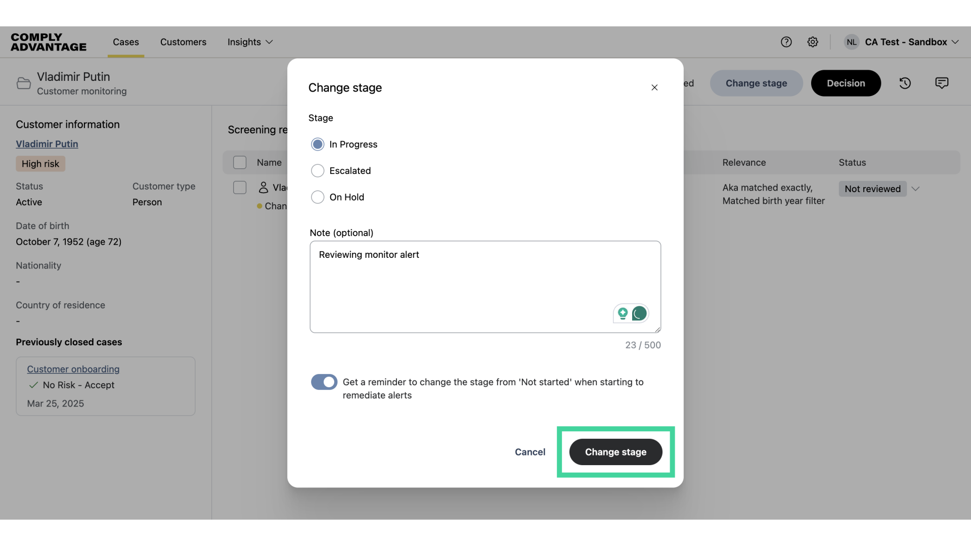 Click 'Change stage'