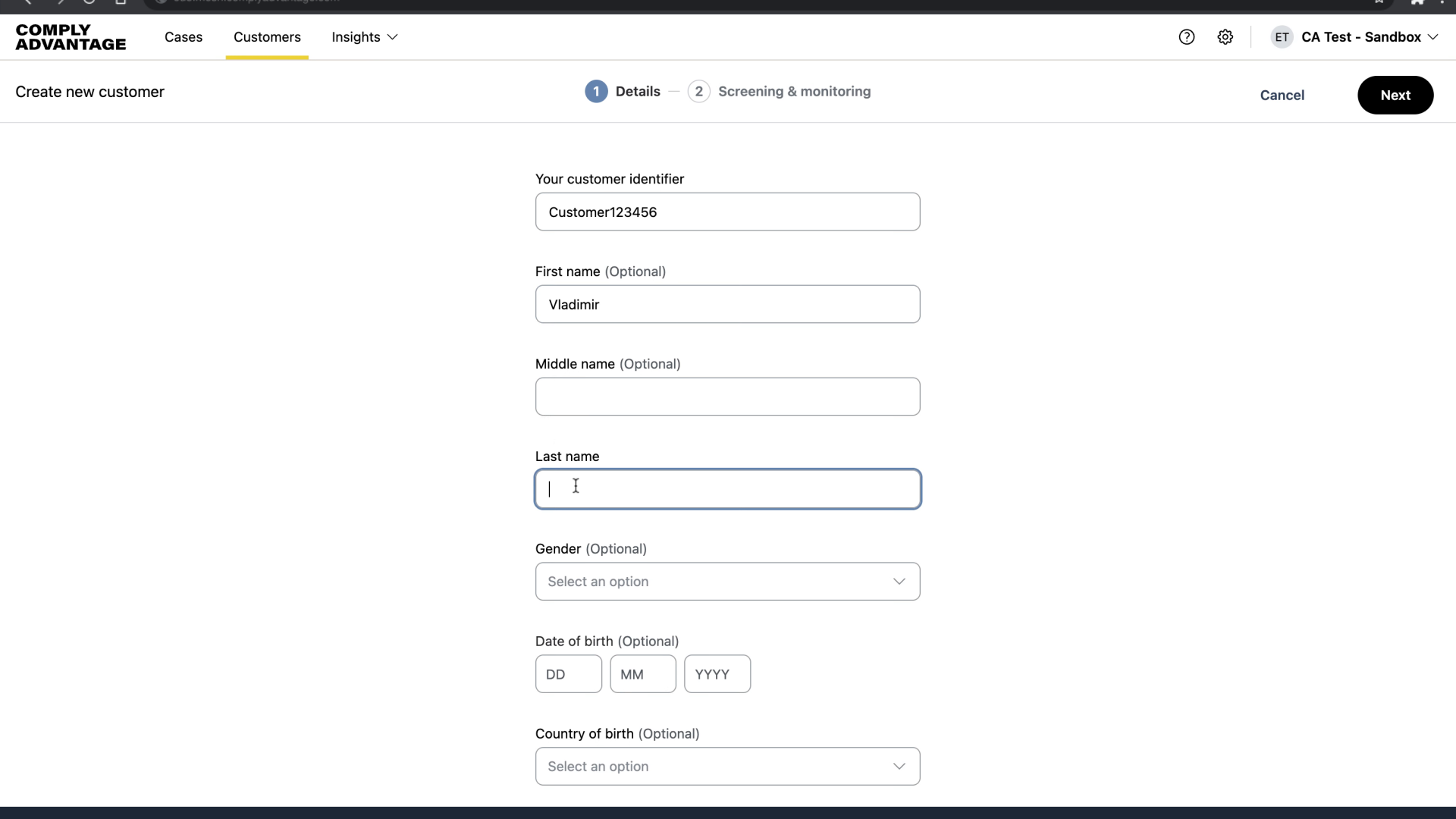 Enter the Customer's last name