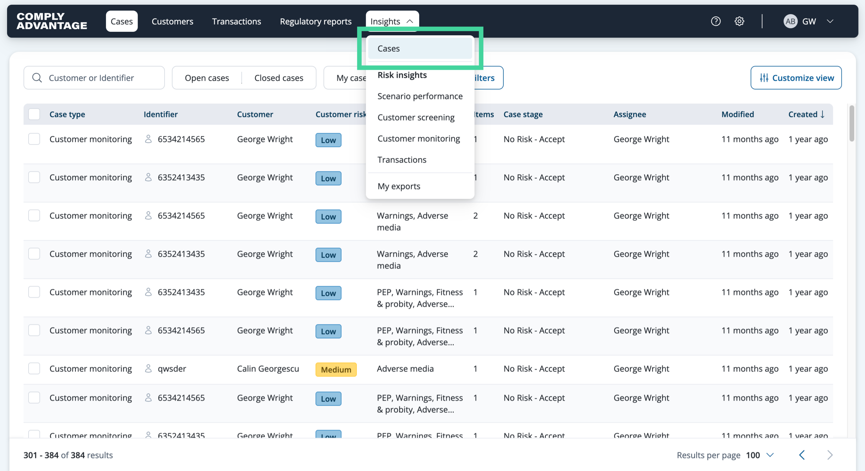 The Insights menu with Cases selected