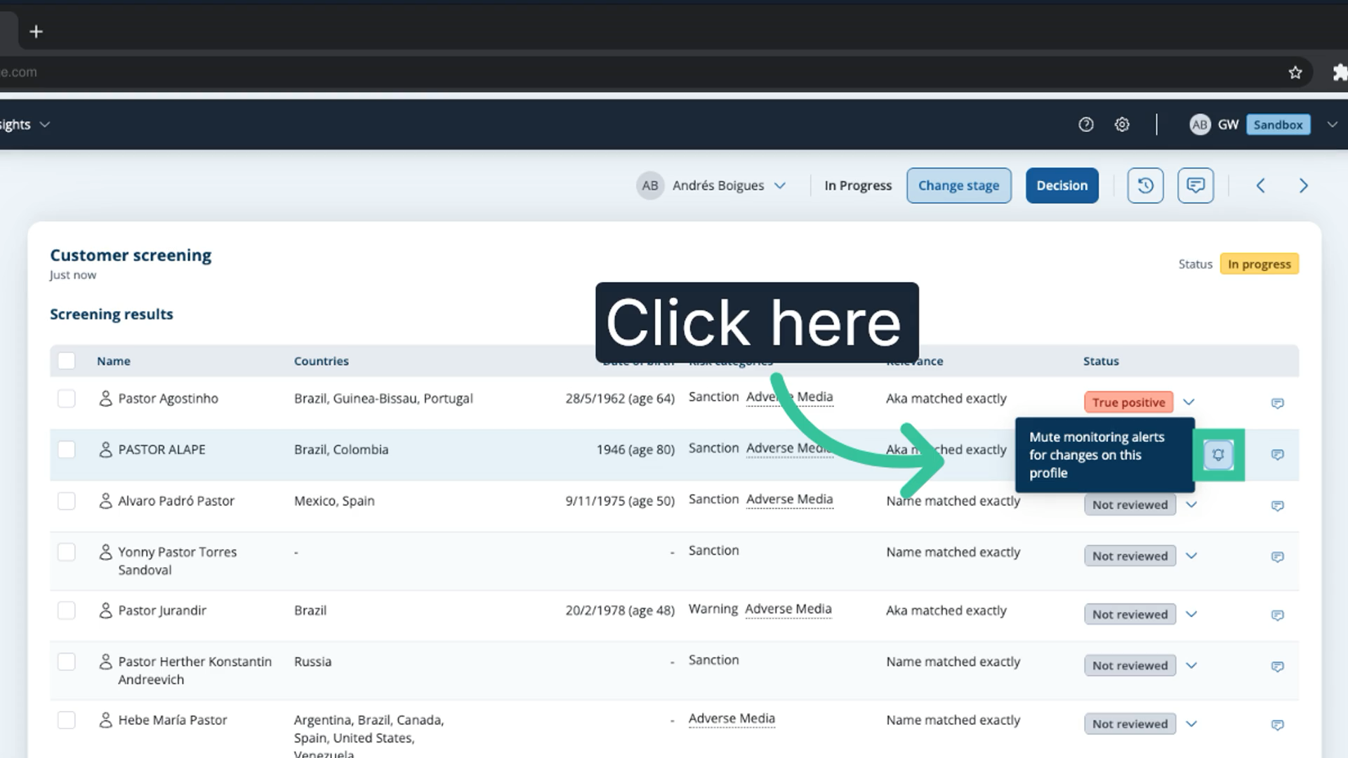 The mute icon on a profile row highlighted, with the tooltip