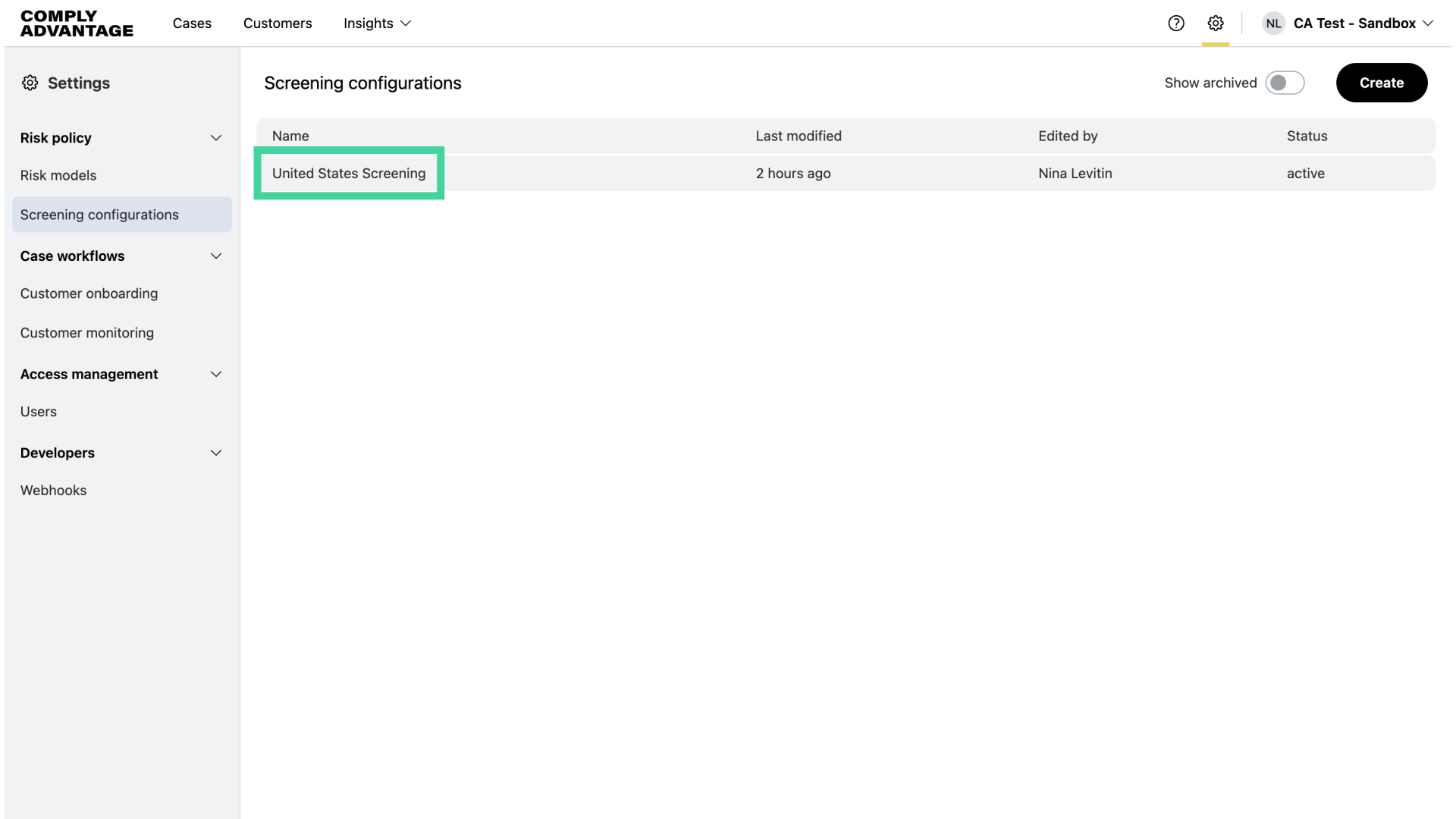 Select the screening configuration