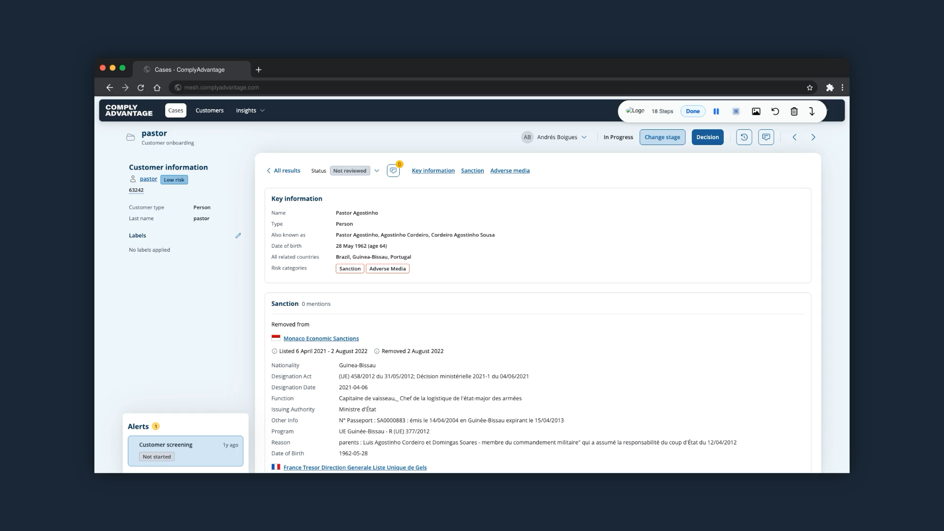 The profile details page showing key information and the sanction listing for the selected profile