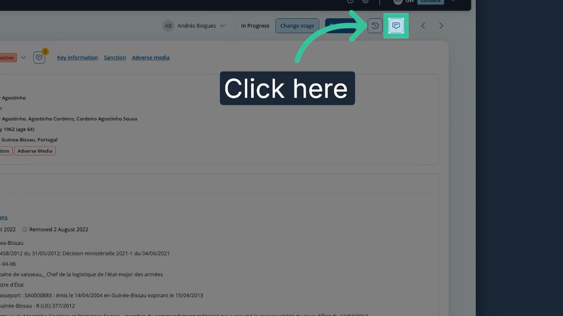 The notes icon highlighted in the case header on the profile details page