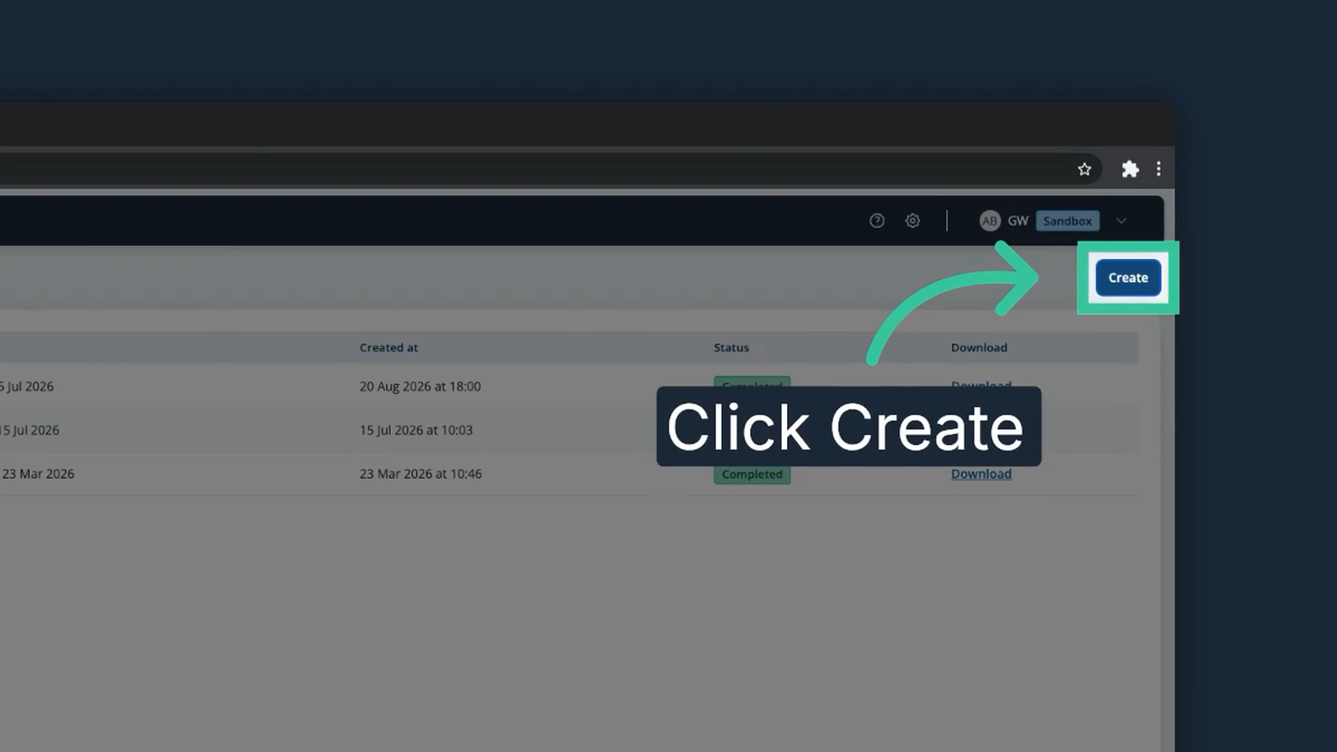 The My exports page with the Create button highlighted in the top right