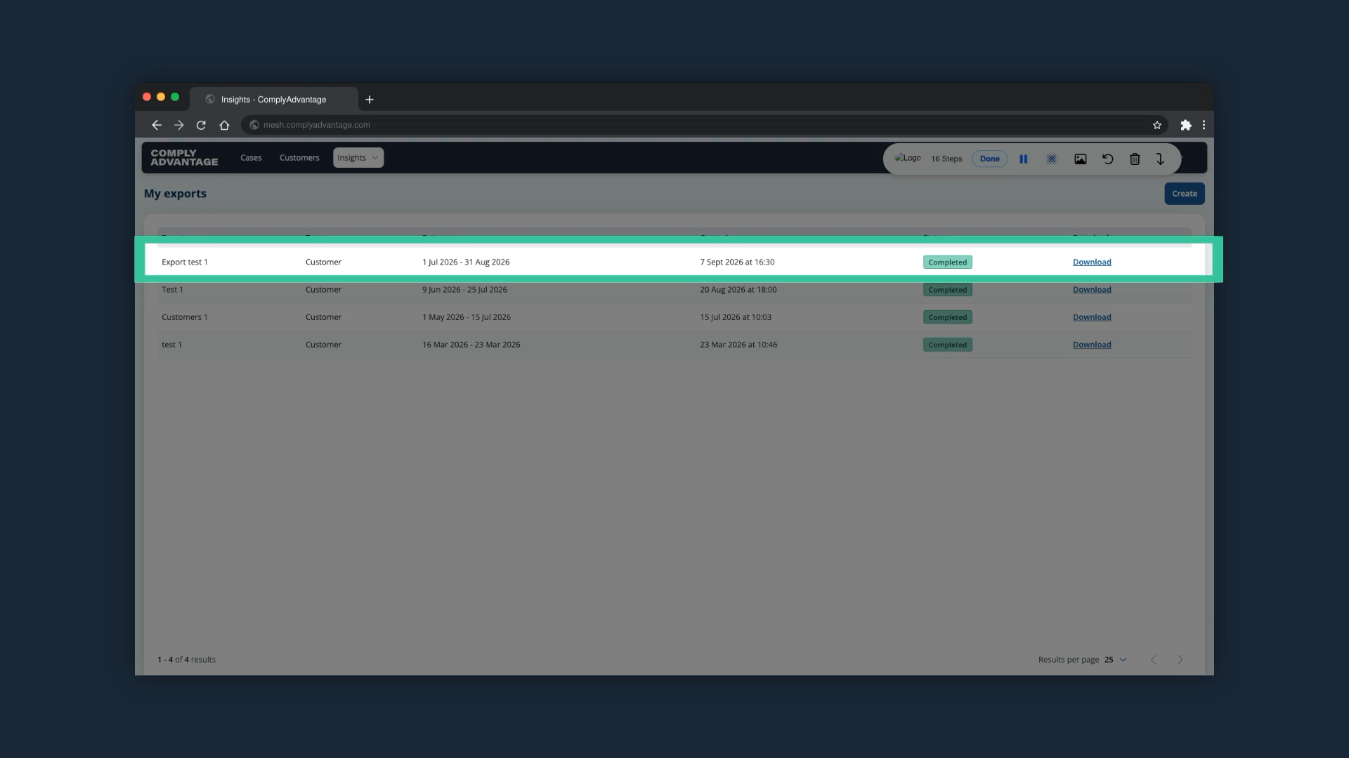 The My exports list with the new export showing the status Completed