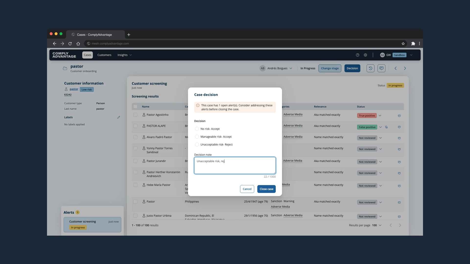 The Case decision dialog with a decision note being typed