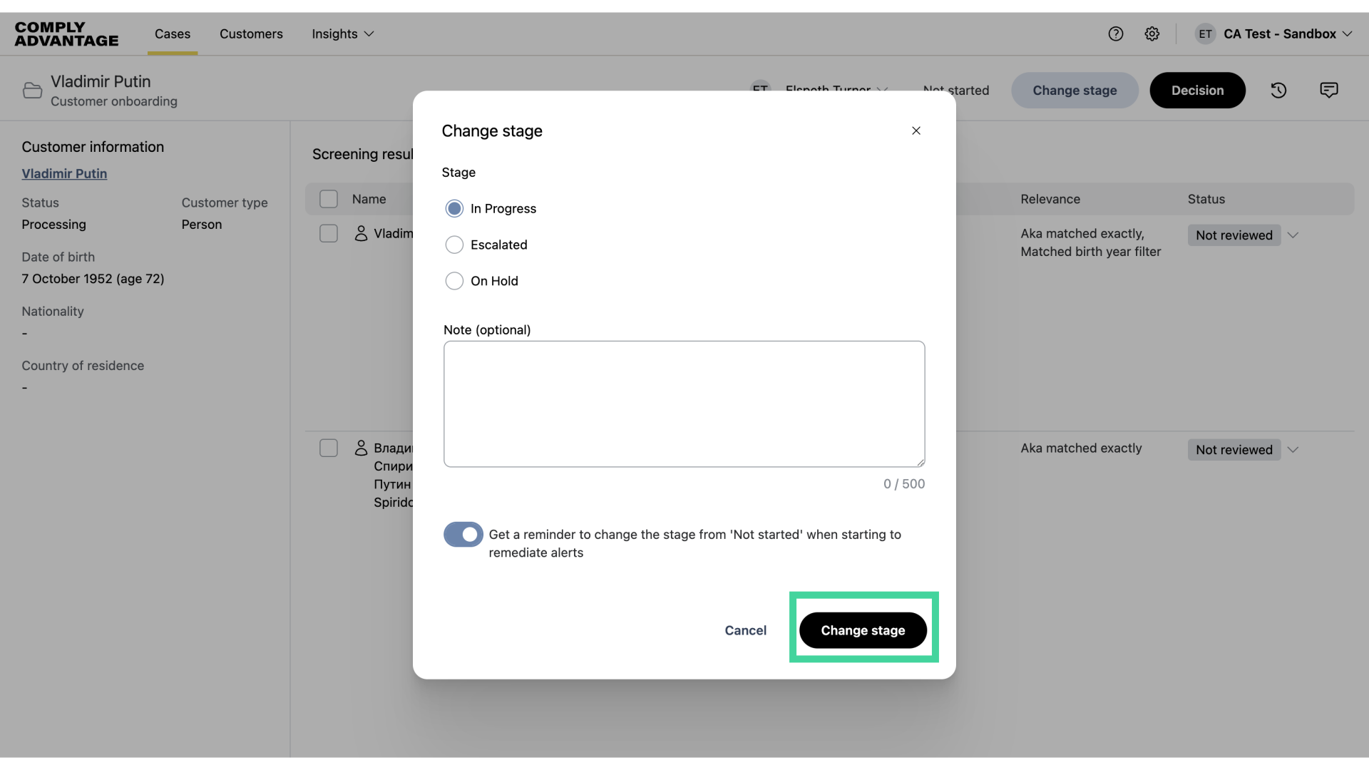 Confirm the stage change