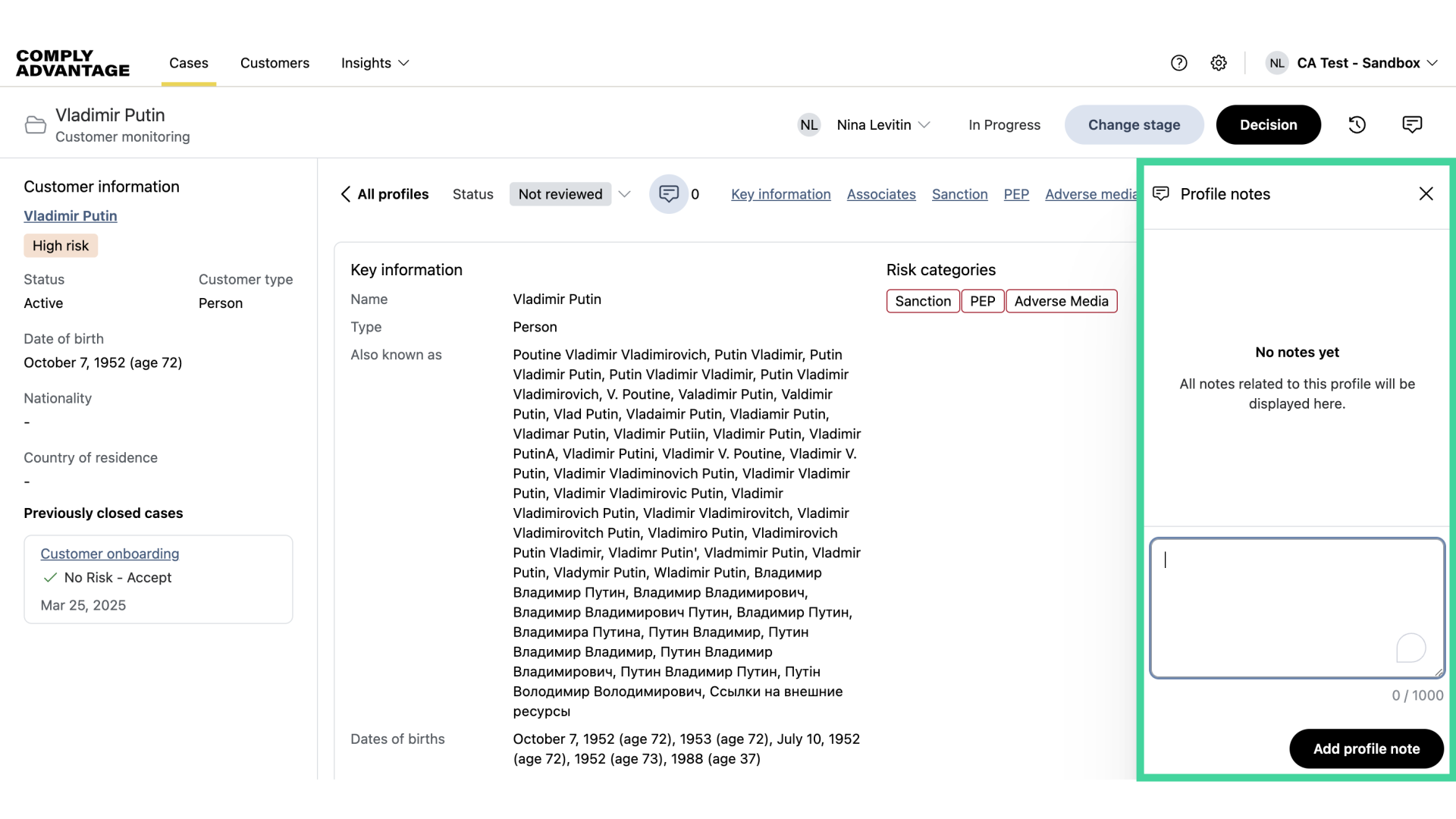 A pane will appear with the title 'Profile notes.'