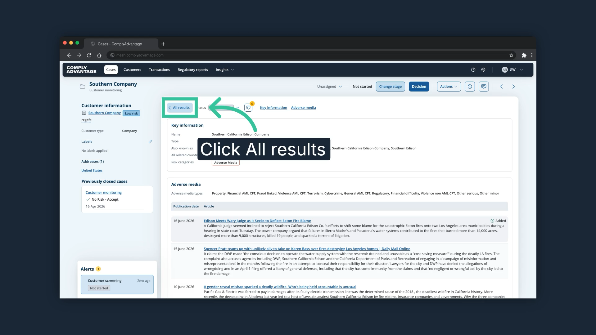 The profile details with the All results link highlighted