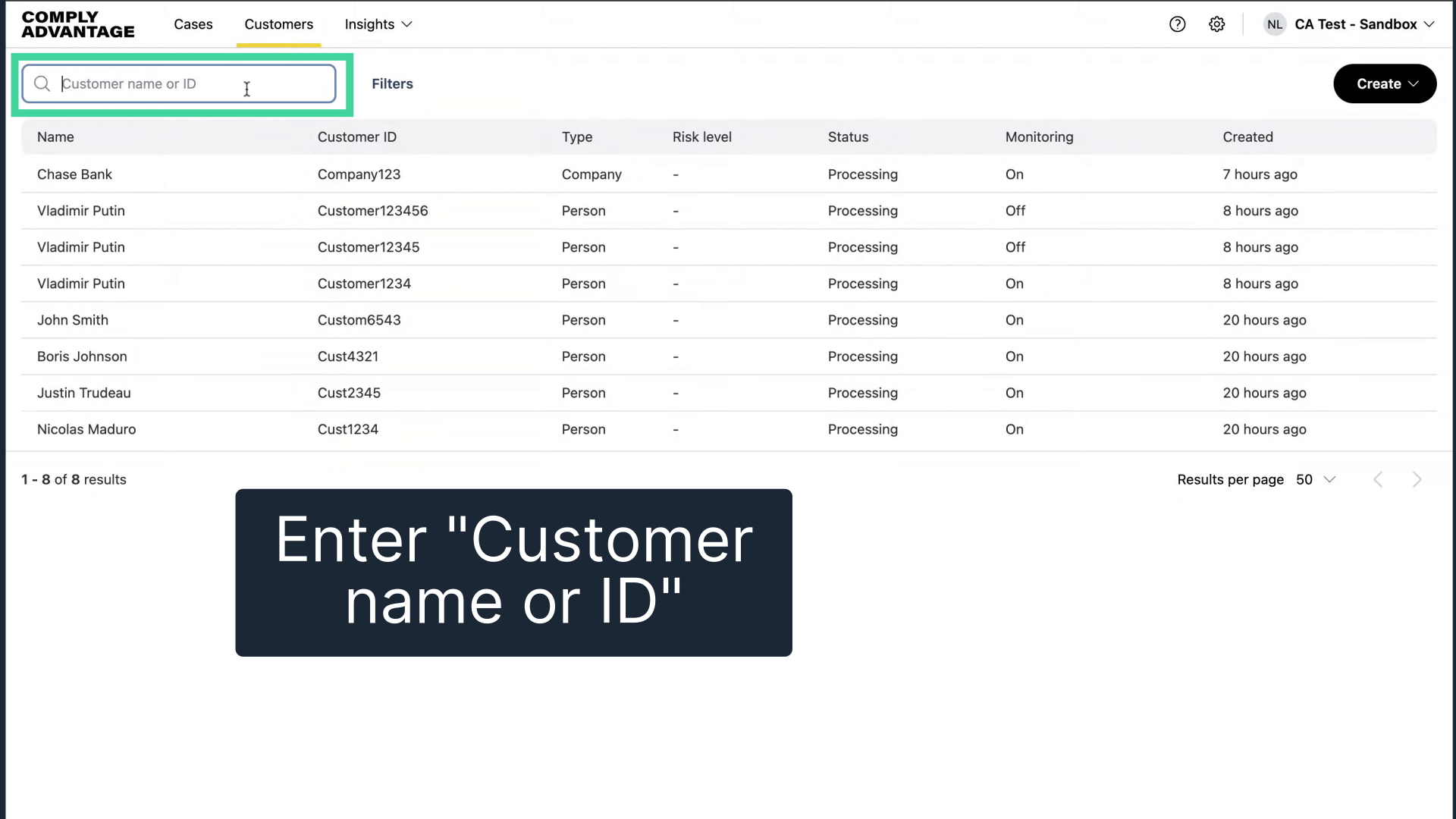 Enter 'Customer name or ID'
