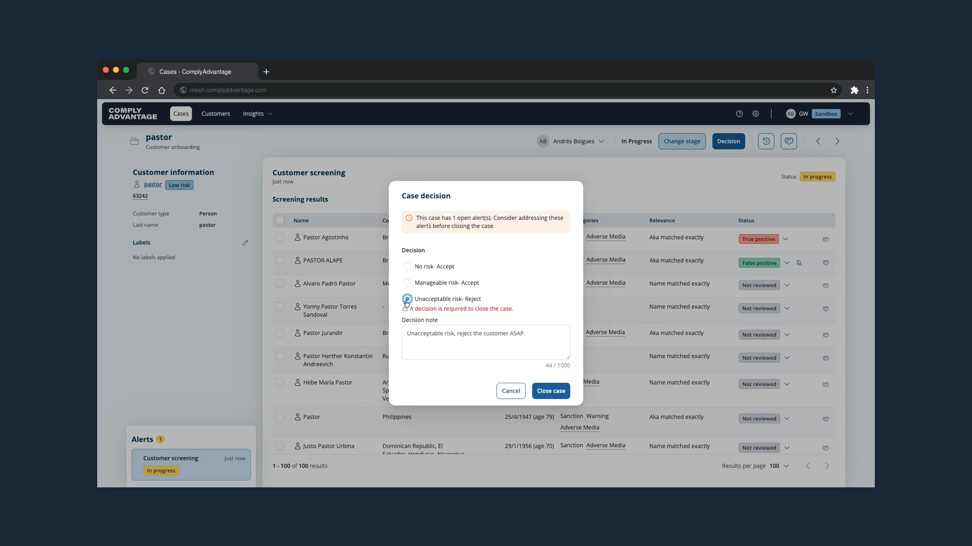 The Case decision dialog with