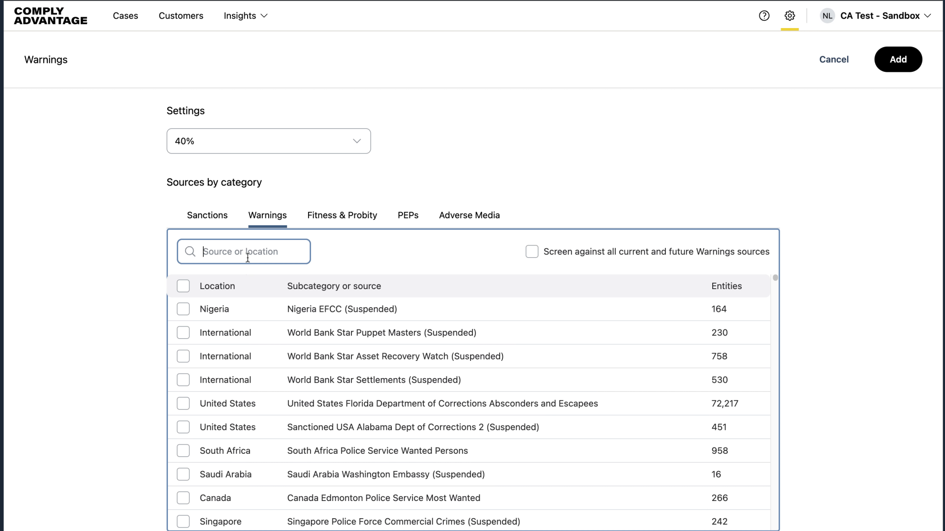 Enter the source or location name