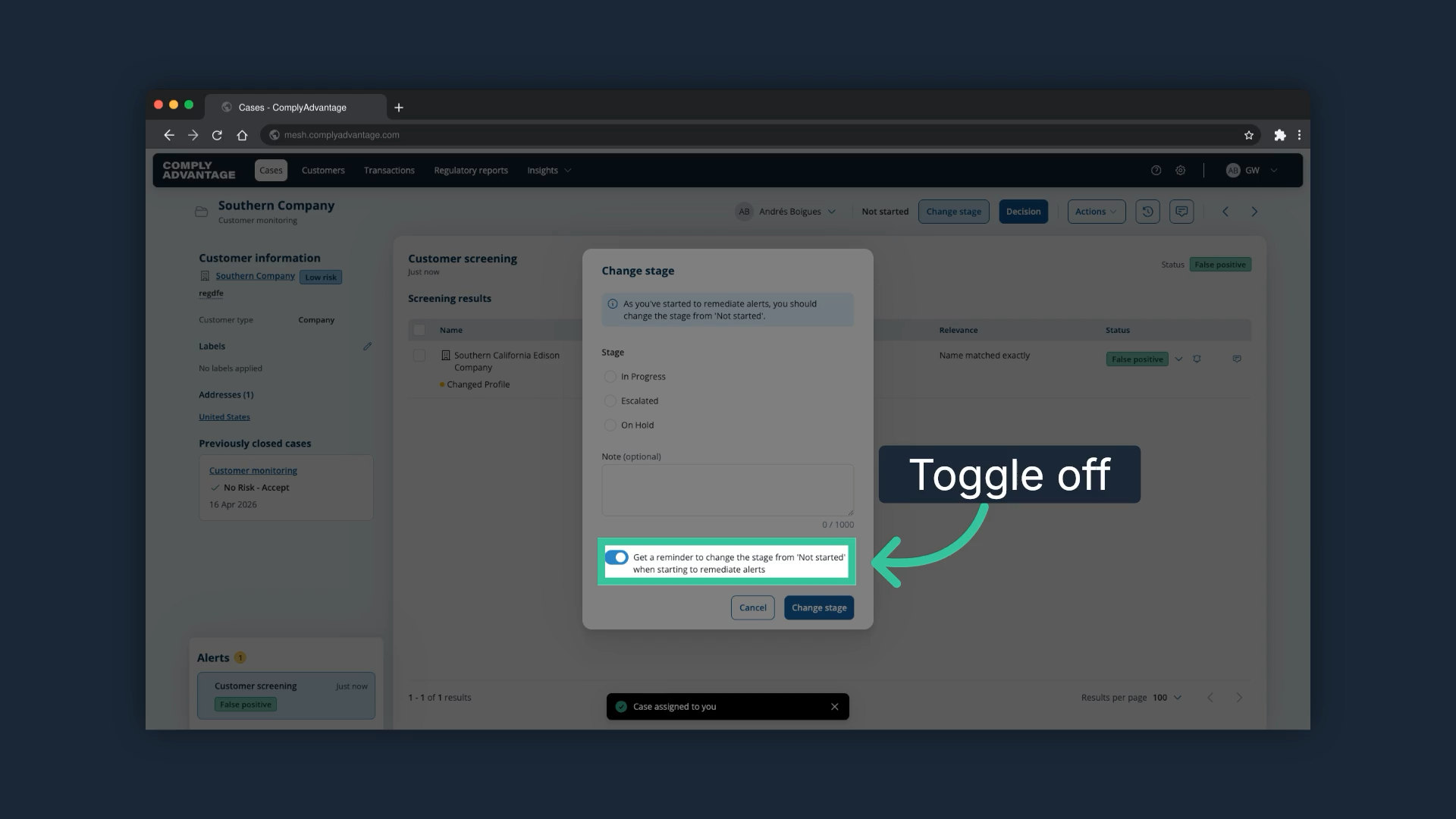The Change stage prompt with the reminder toggle highlighted above the Change stage button