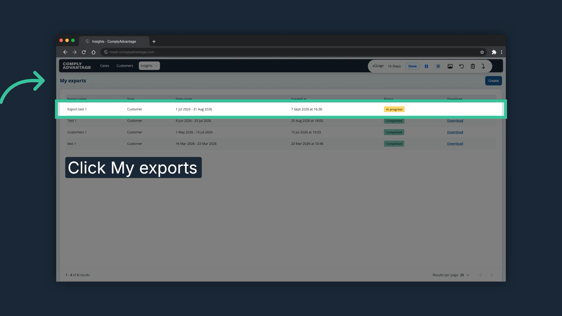 The My exports list with the new export in the top row highlighted
