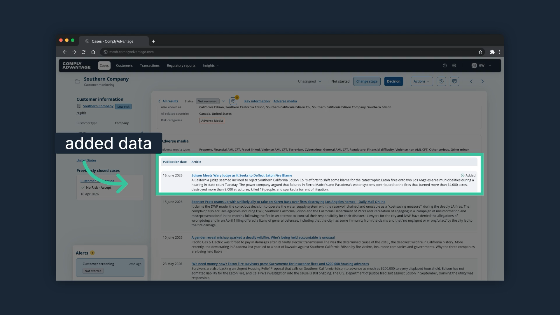 The profile details with the new adverse media entries at the top highlighted