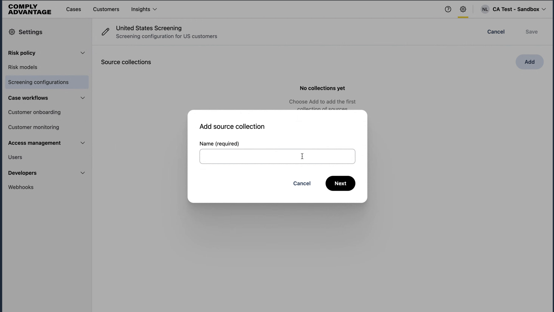 Fill in the name of your first screening configuration